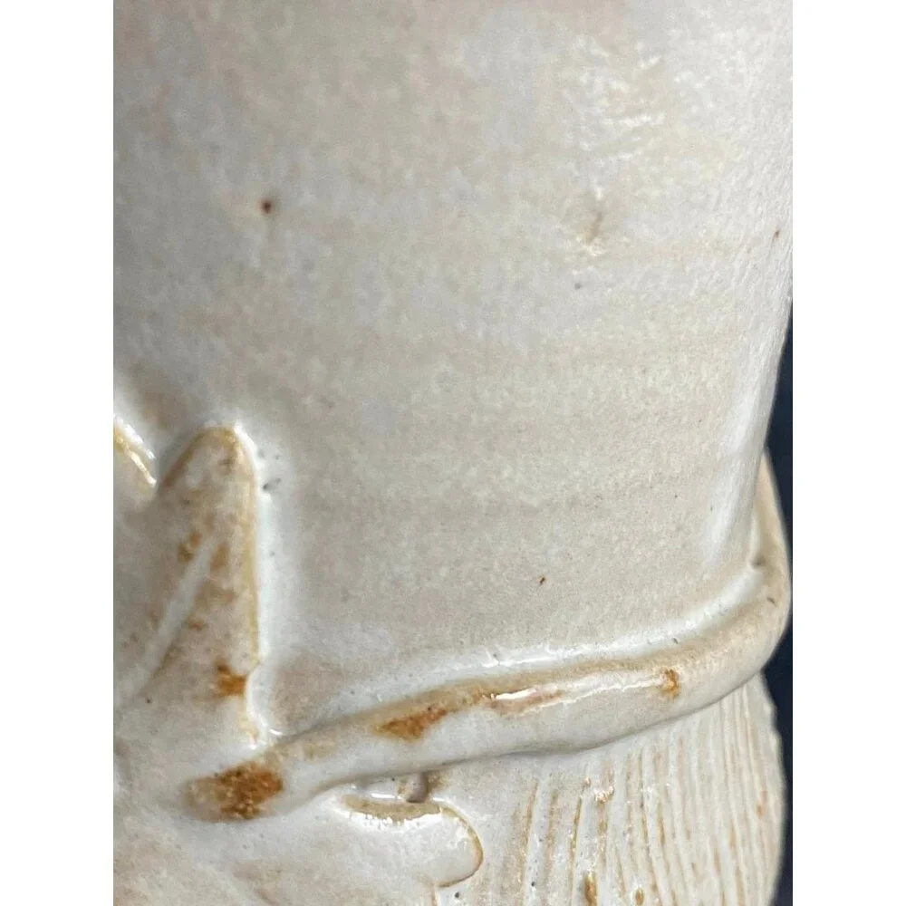 Studio Pottery Clay Mug JT Applied Leaf and Vine Design Cream Ribbed - Picture 6 of 9